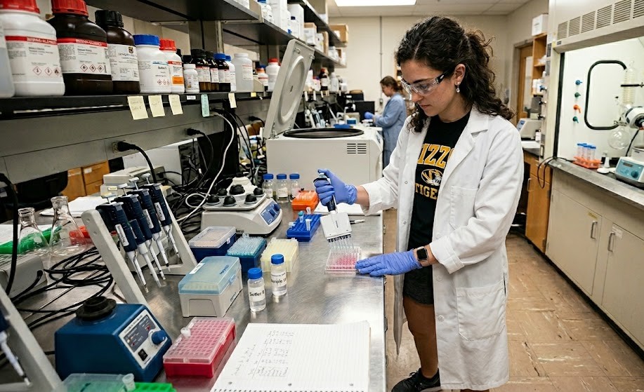 lab worker wearing shorts in white lab coat