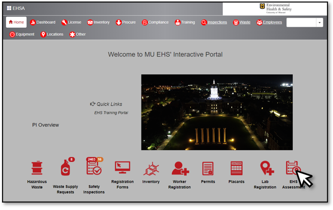 Screenshot of where to find EHS Assessment button.