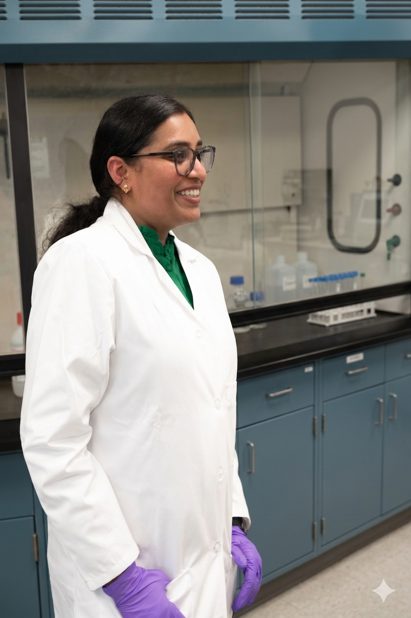 Kiruba Krishnaswamy in her lab coat and gloves